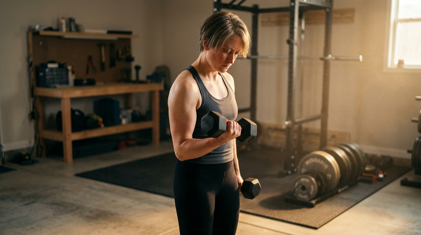 Modern training studio with dumbbells and accent lighting
